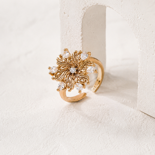 Six-Petal Lily Zircon Adjustable Ring — Vintage Gold cover