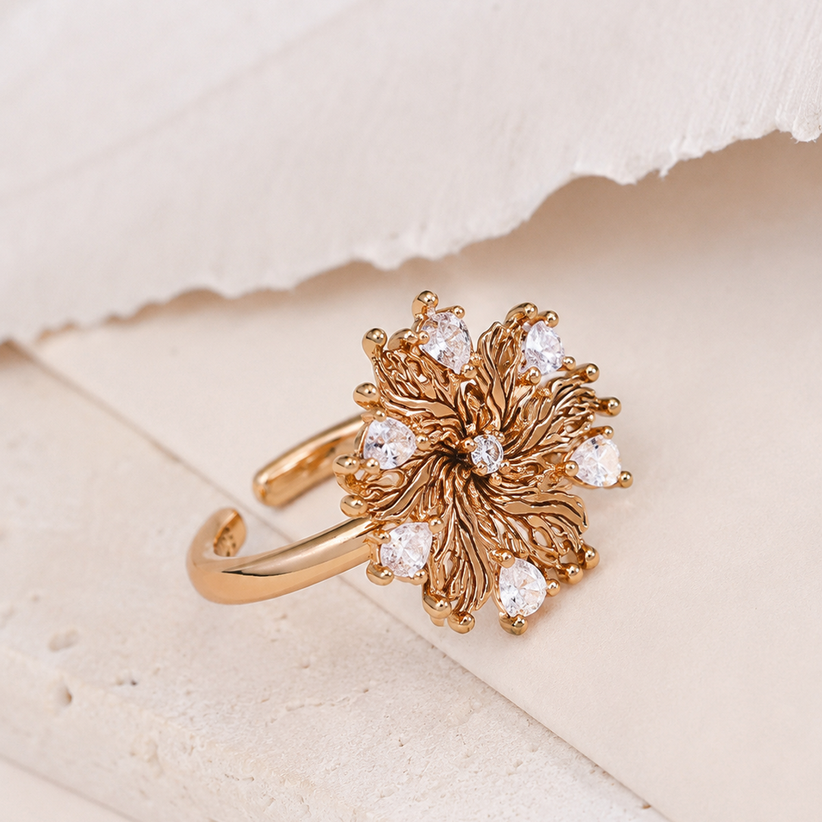 Six-Petal Lily Zircon Adjustable Ring — Vintage Gold image 2