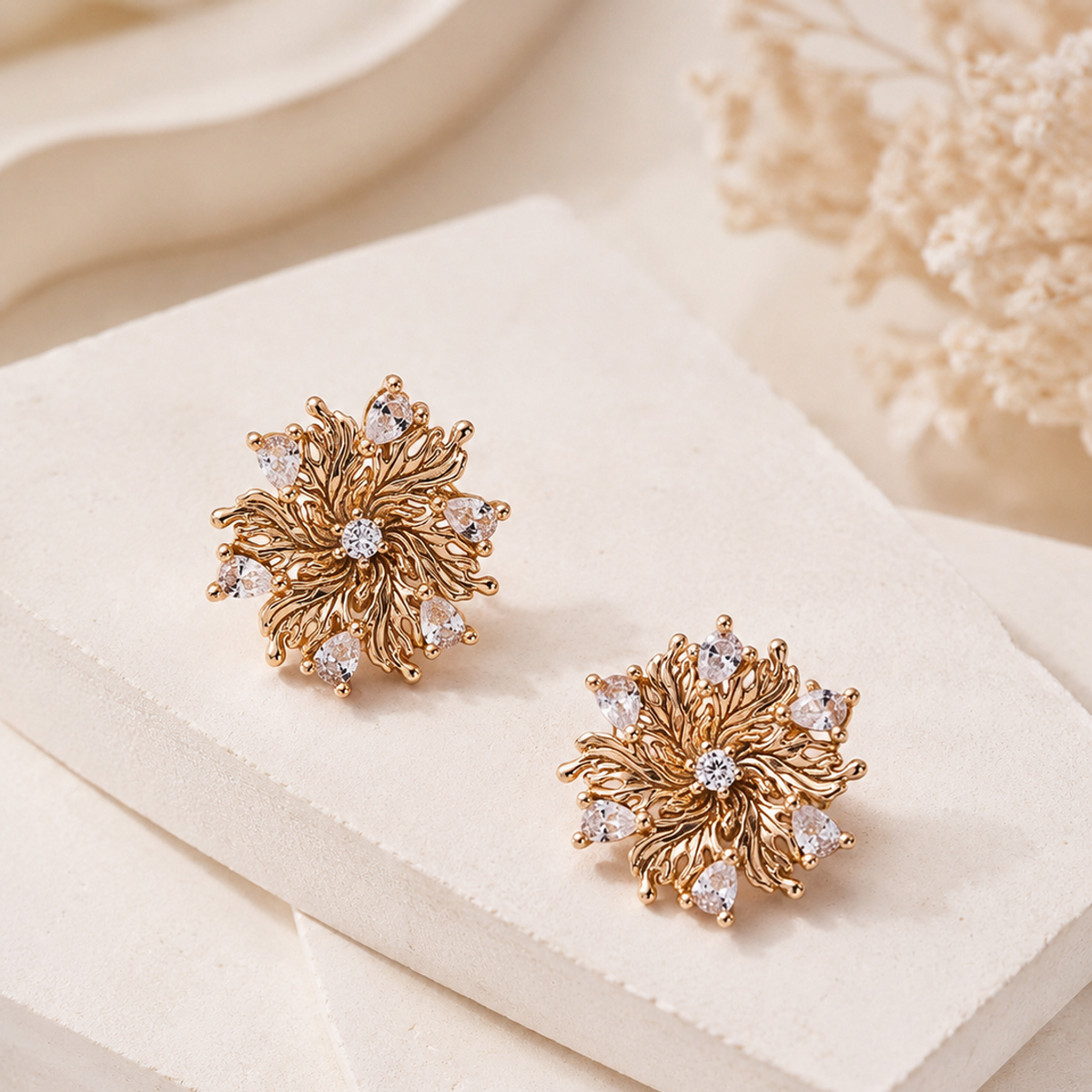 Vintage Gold six-petal lily zircon earrings