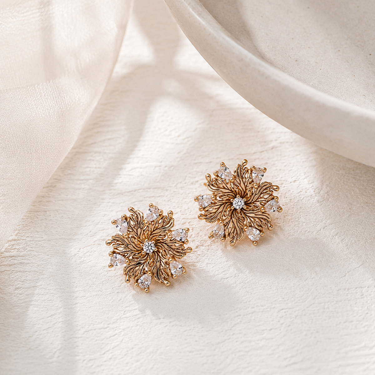 Vintage Gold six-petal lily zircon earrings