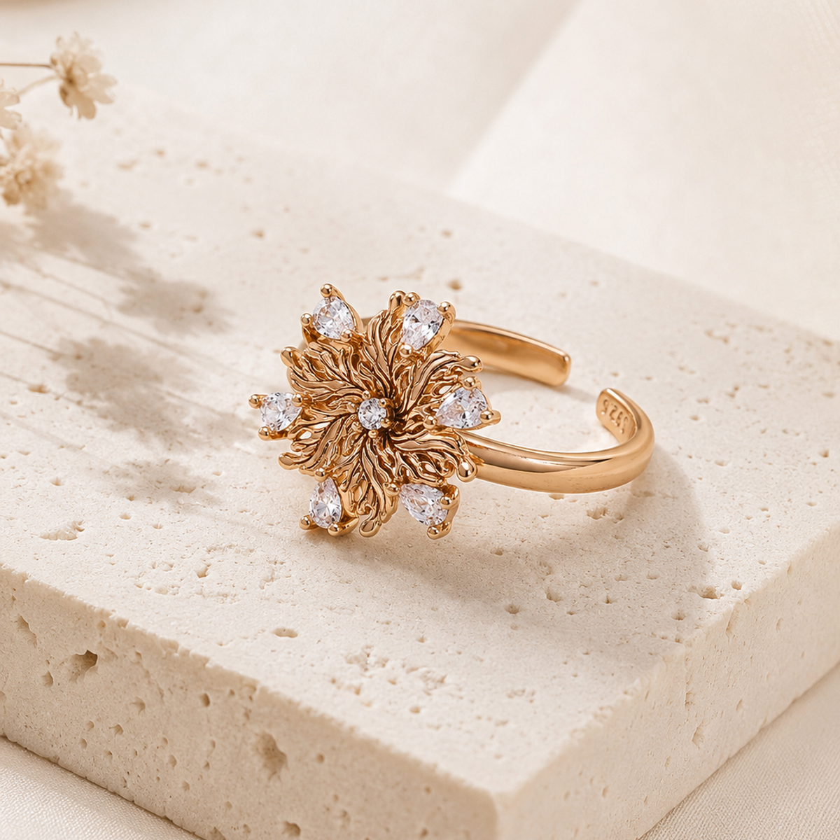 Six-Petal Lily Zircon Adjustable Ring — Vintage Gold image 3