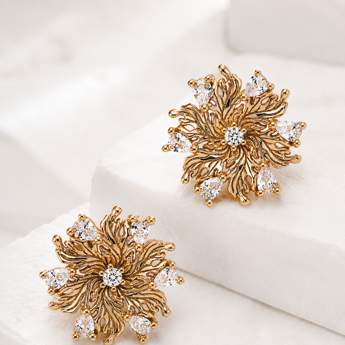 Vintage Gold six-petal lily zircon earrings
