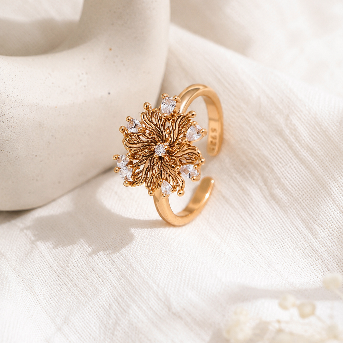 Six-Petal Lily Zircon Adjustable Ring — Vintage Gold image 4