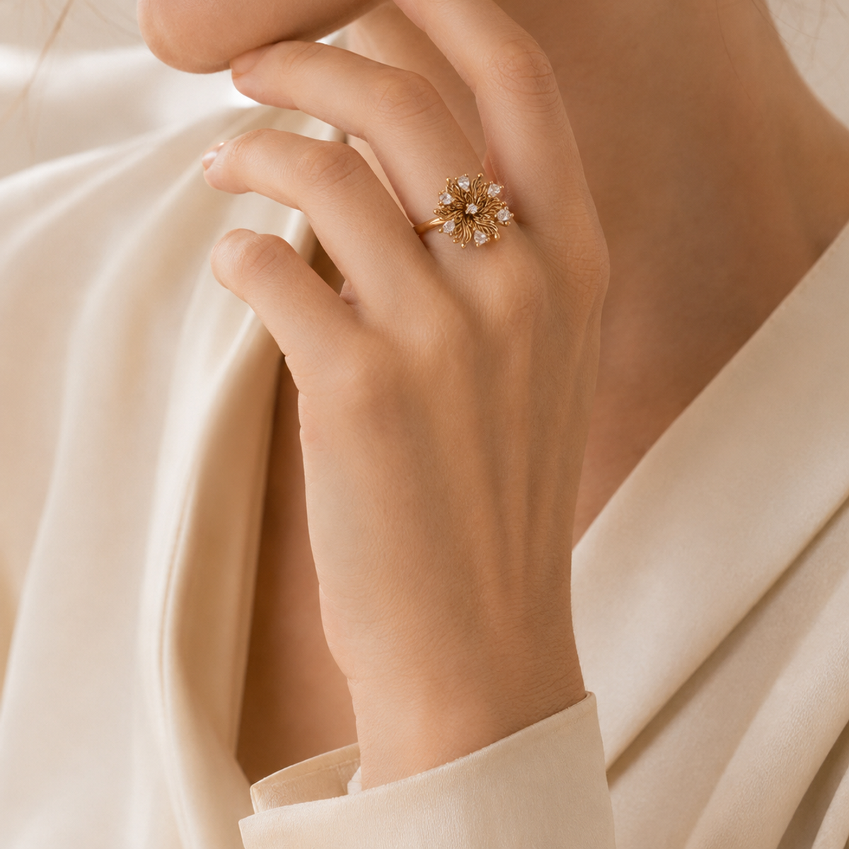 Six-Petal Lily Zircon Adjustable Ring — Vintage Gold image 6
