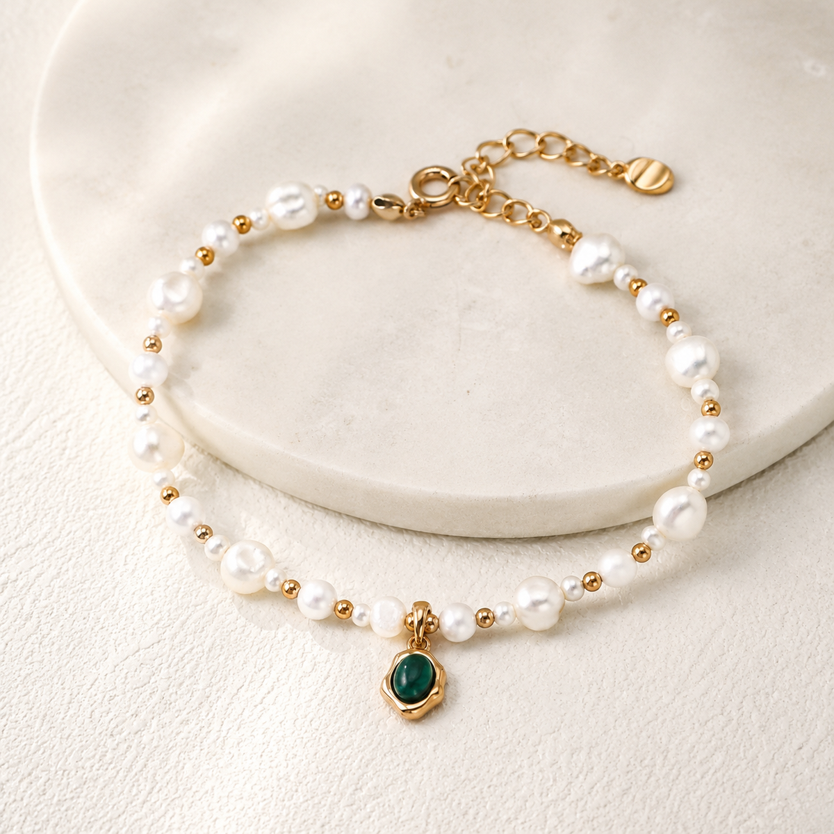 Vintage Gold sterling silver bracelet with natural pearls, malachite beads and a Fu blessing charm