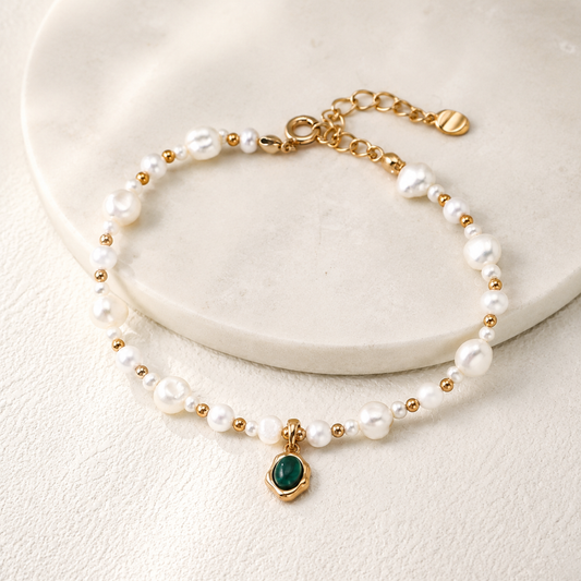 Vintage Gold sterling silver bracelet with natural pearls, malachite beads and a Fu blessing charm