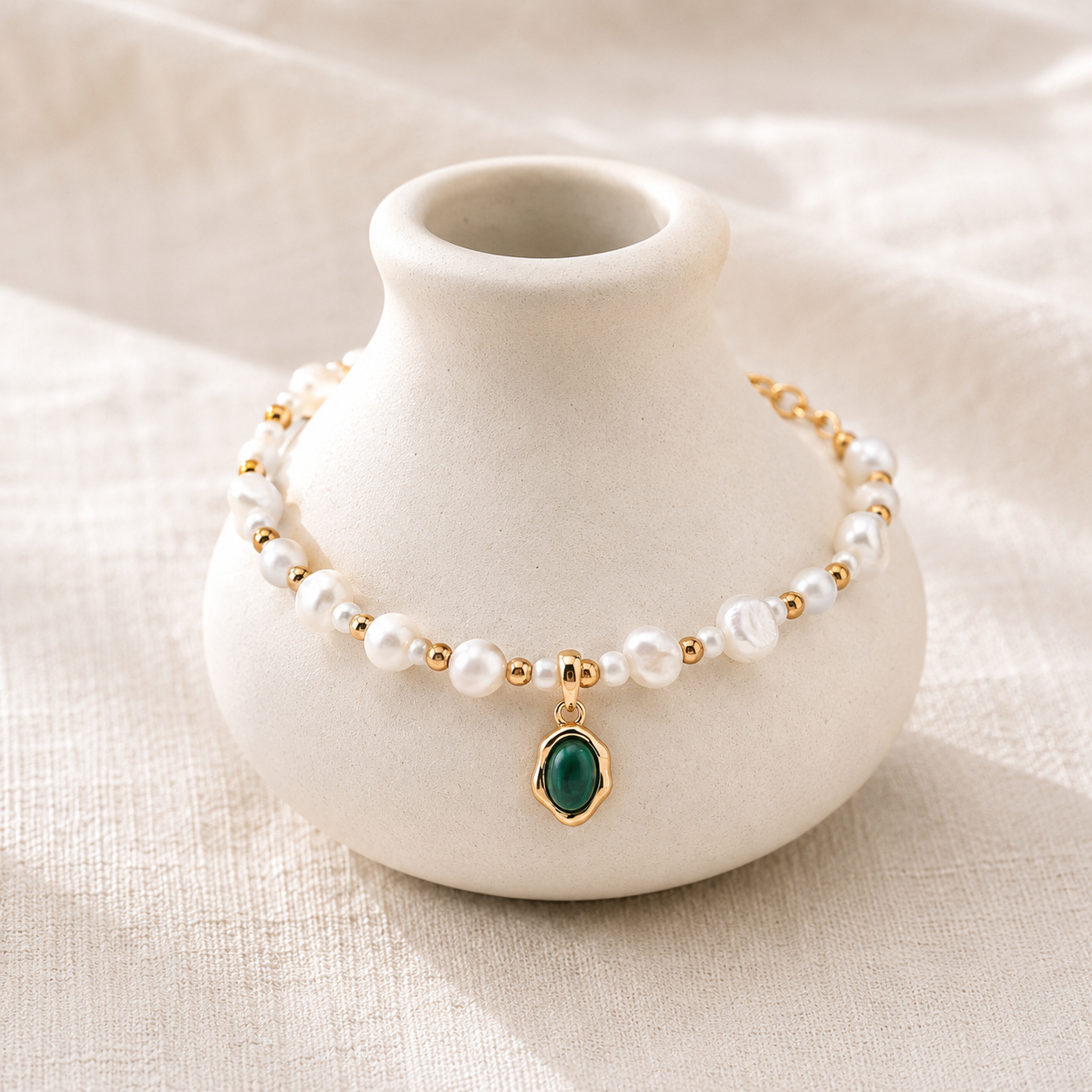 Close view of the Fu blessing charm and malachite beads on the Vintage Gold pearl bracelet