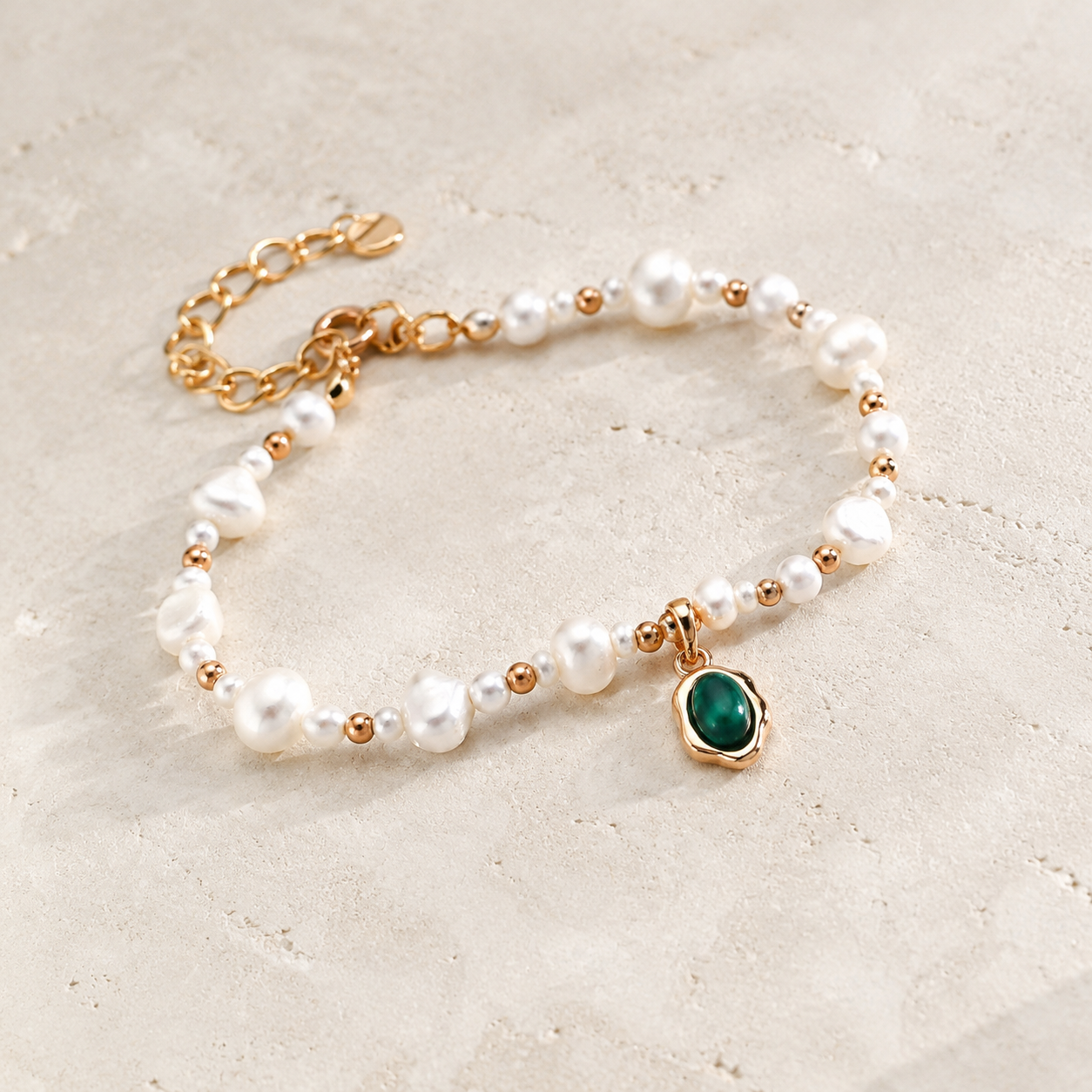 Vintage Gold natural pearl and malachite Fu bracelet on a soft neutral display