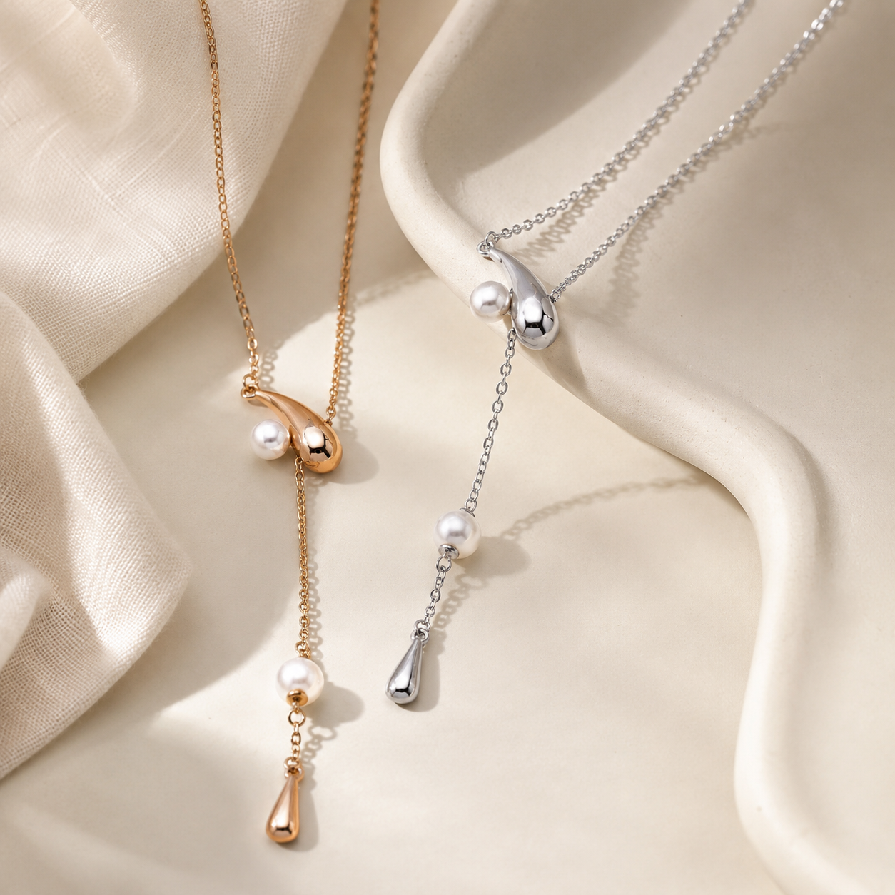 Close-up of vintage gold and silver pearl meteor drop necklaces