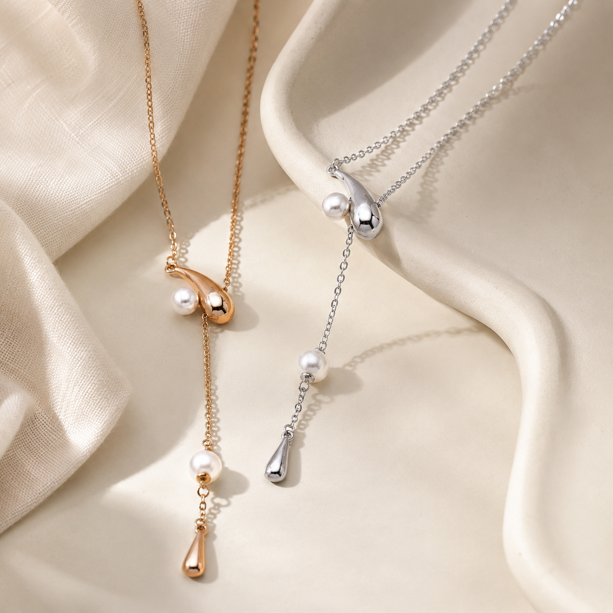 Close-up of Vintage Gold and Silver pearl meteor drop necklaces
