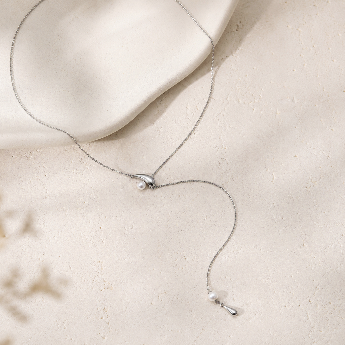 Silver natural pearl meteor drop lariat necklace