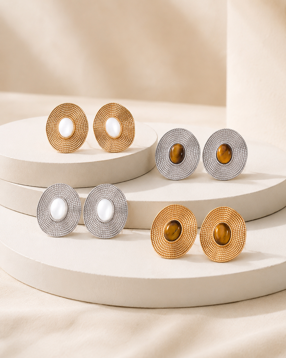 Tiger eye and mother of pearl S925 silver earrings in gold and silver finishes