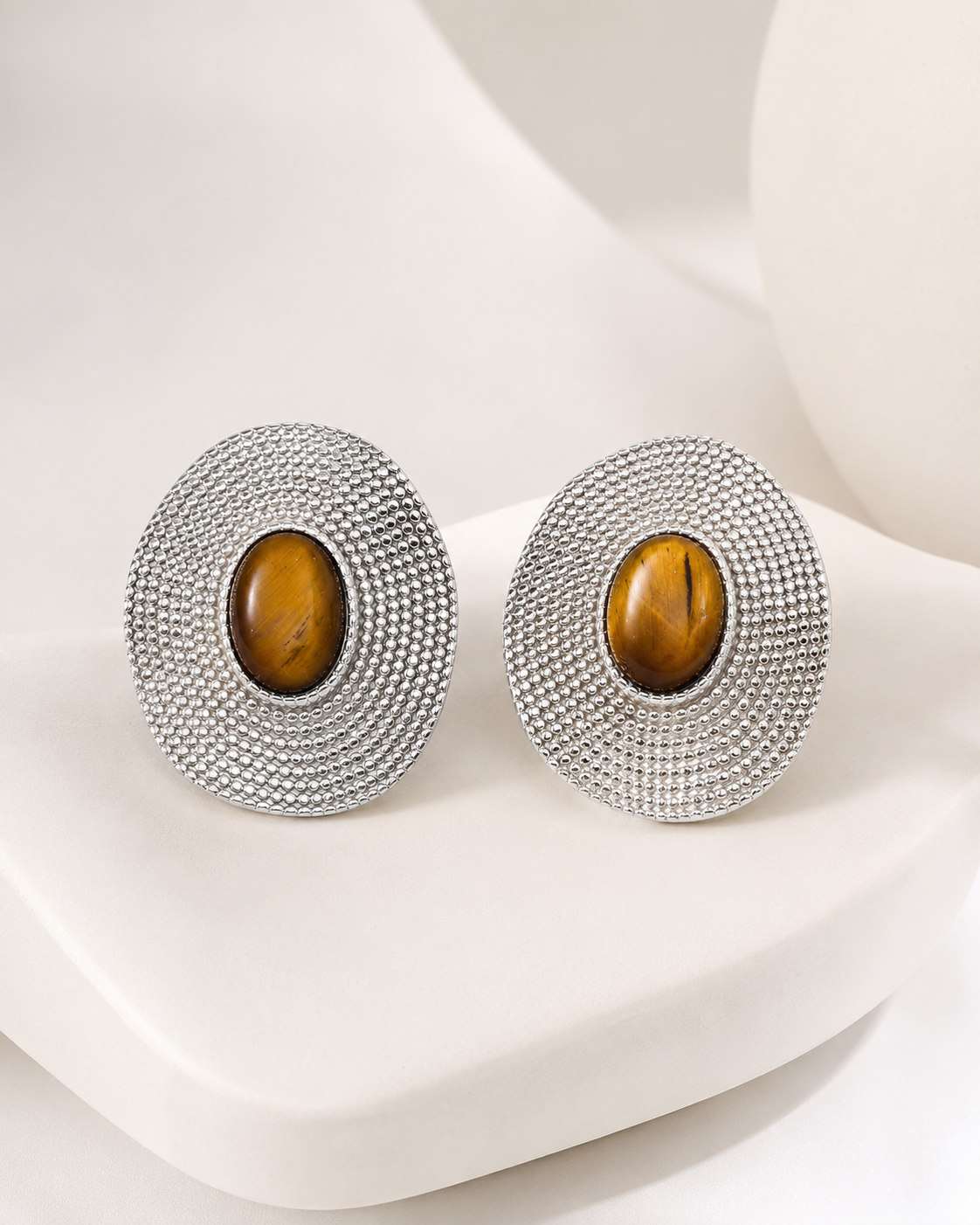 White gold tone tiger eye S925 silver stud earrings