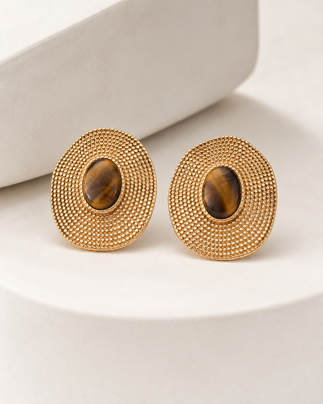 Vintage gold tone tiger eye S925 silver stud earrings