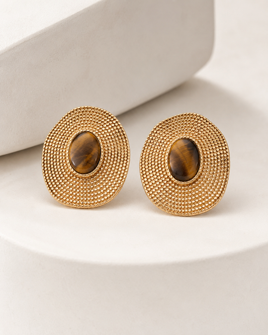 Vintage gold tone tiger eye S925 silver stud earrings