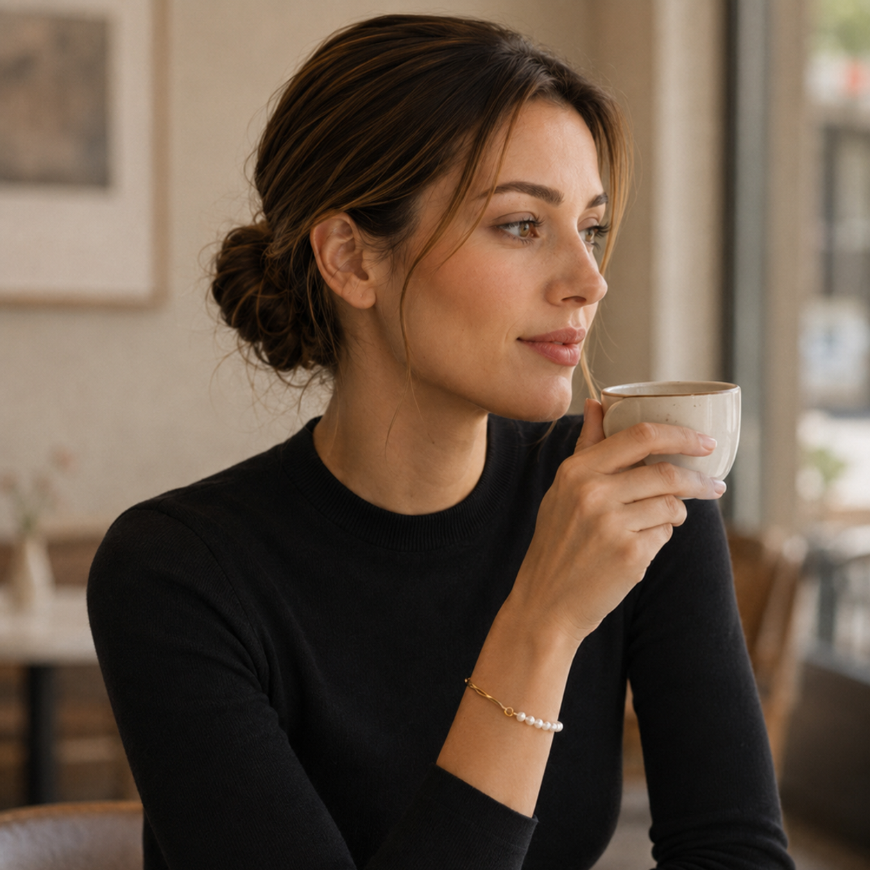 Model wearing Vintage Gold natural pearl bracelet