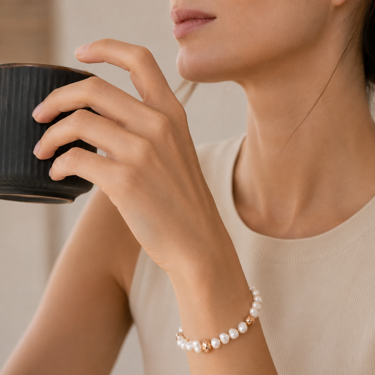Close-up of natural pearl bracelet on wrist