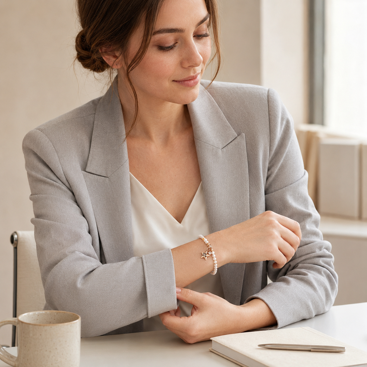 Model styling the Vintage Gold pearl star charm bracelet with an office outfit