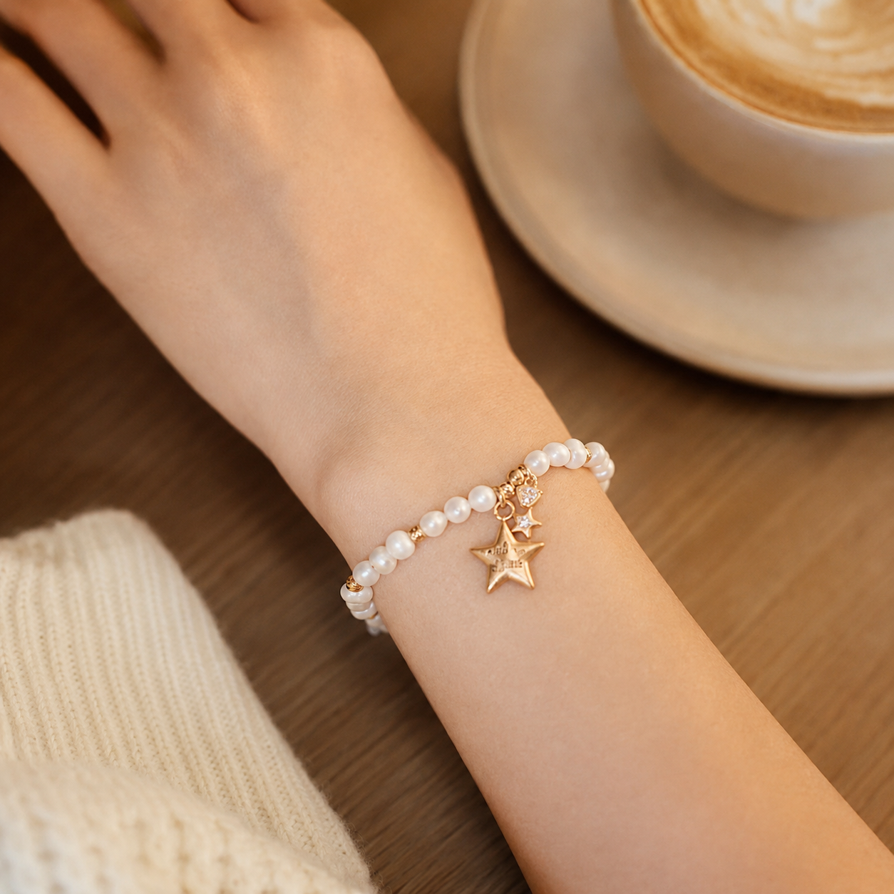 Close wrist view of the Vintage Gold pearl star charm bracelet beside coffee