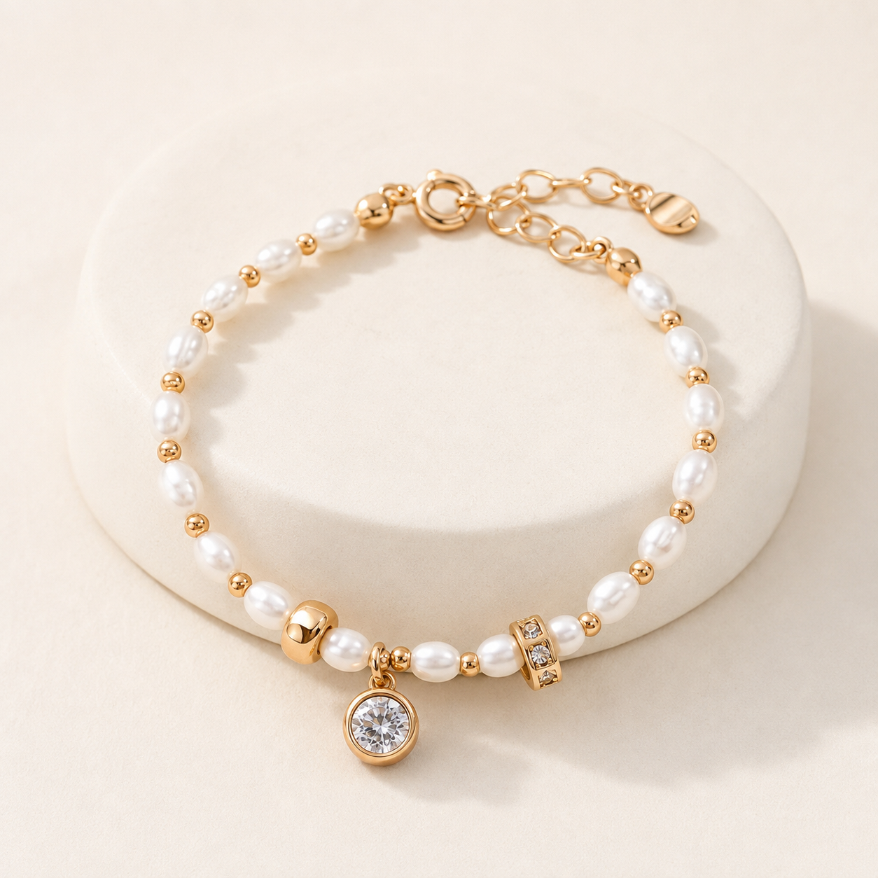 Vintage Gold natural pearl and cubic zirconia charm bracelet on an ivory display
