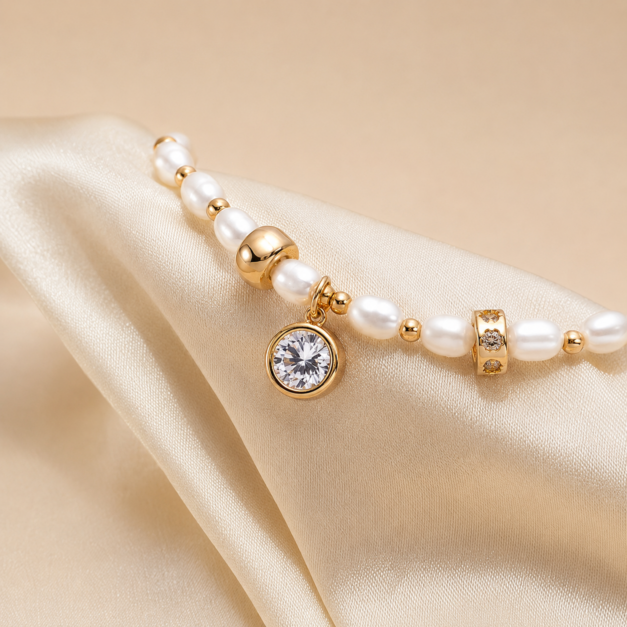 Close-up of the Vintage Gold natural pearl bracelet with a bezel-set cubic zirconia charm