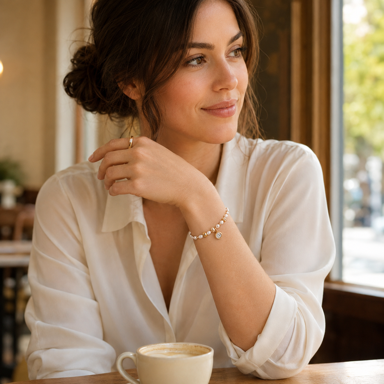 Model wearing the Vintage Gold natural pearl charm bracelet at a cafe