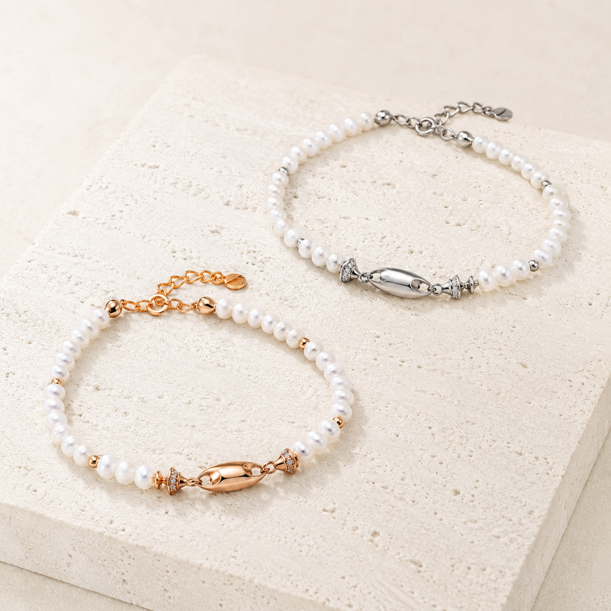 Vintage Gold and Silver natural pearl fish bracelets shown together on an ivory display