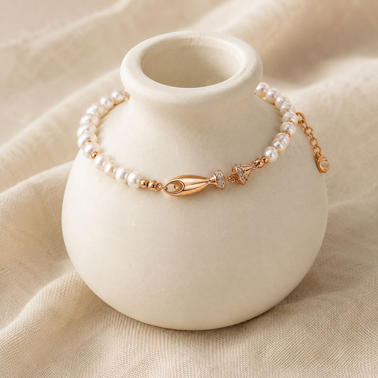 Vintage Gold natural pearl fish bracelet on an ivory display