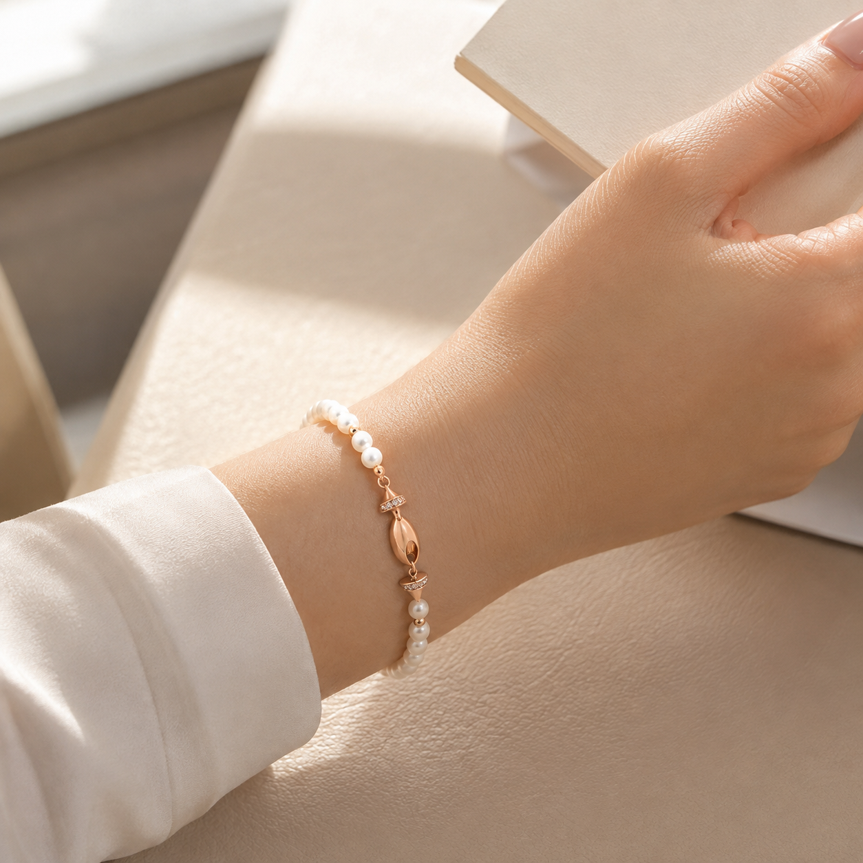 Model wearing the Vintage Gold natural pearl fish bracelet with a satin blouse