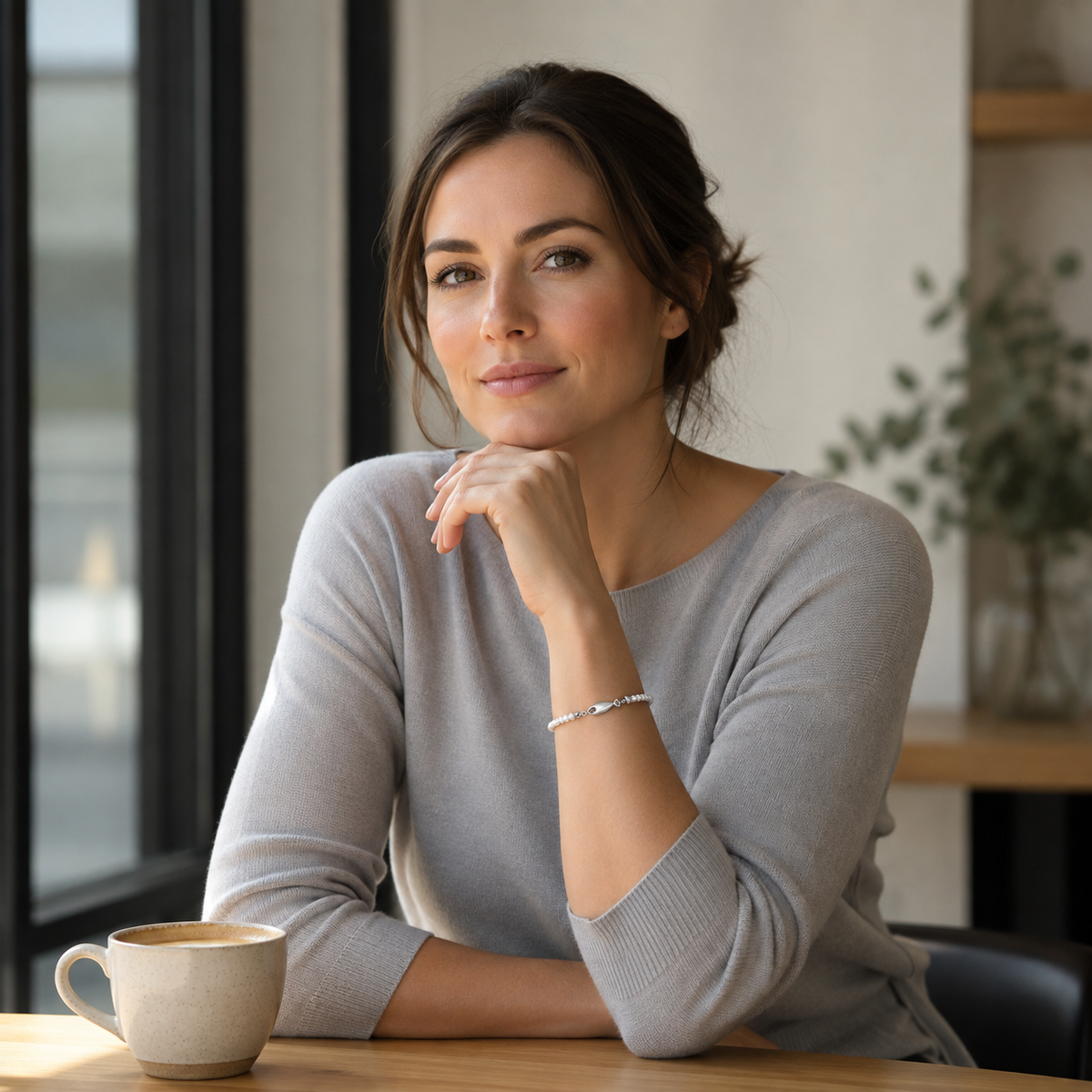 Model wearing the Silver natural pearl fish bracelet with a knit top