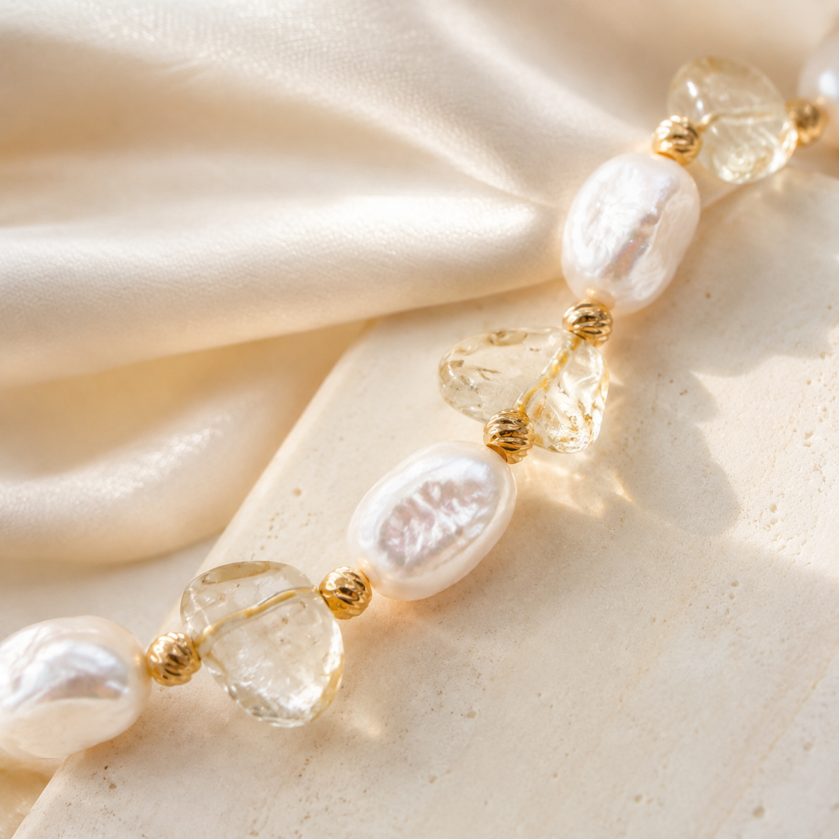 Close product view of natural pearls and clear crystal beads on the Vintage Gold bracelet