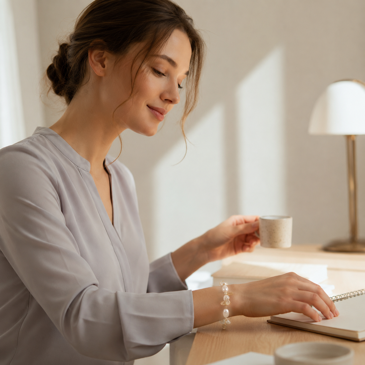 Model wearing the Vintage Gold Fortune Pearl Crystal Bracelet while writing at a desk