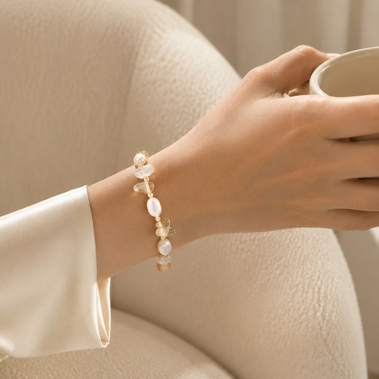 Close wrist view of the Vintage Gold Fortune Pearl Crystal Bracelet
