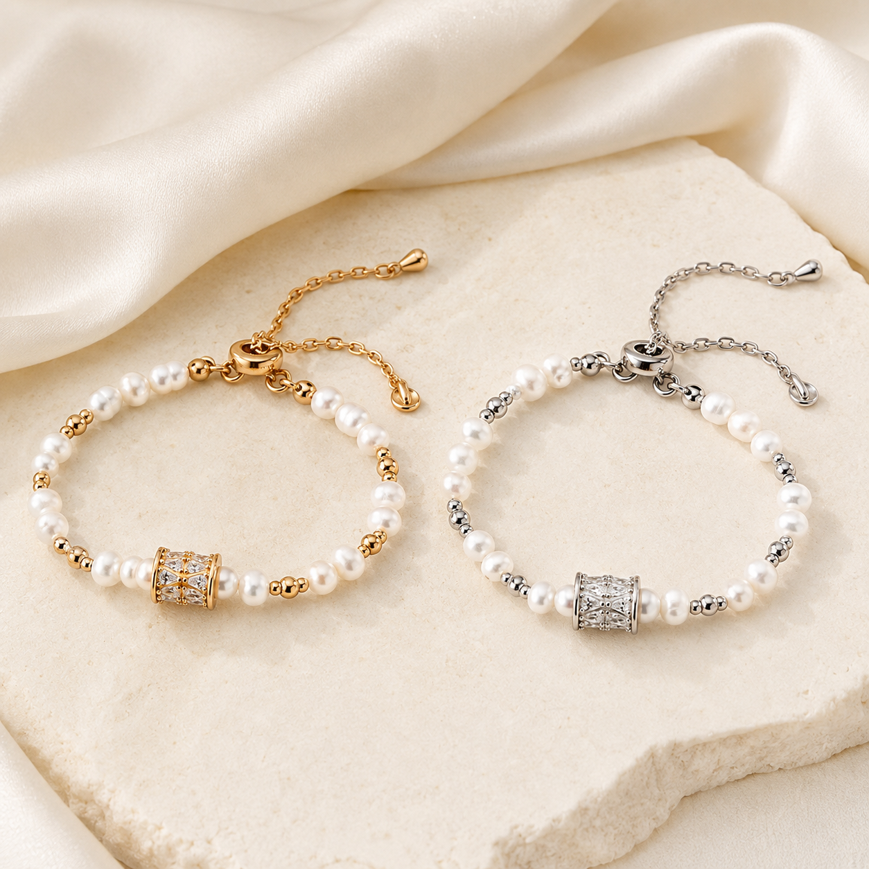 Vintage Gold and Silver Fortune Turn Pearl Bracelets shown together