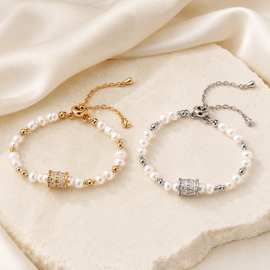 Vintage Gold and Silver Fortune Turn Pearl Bracelets shown together