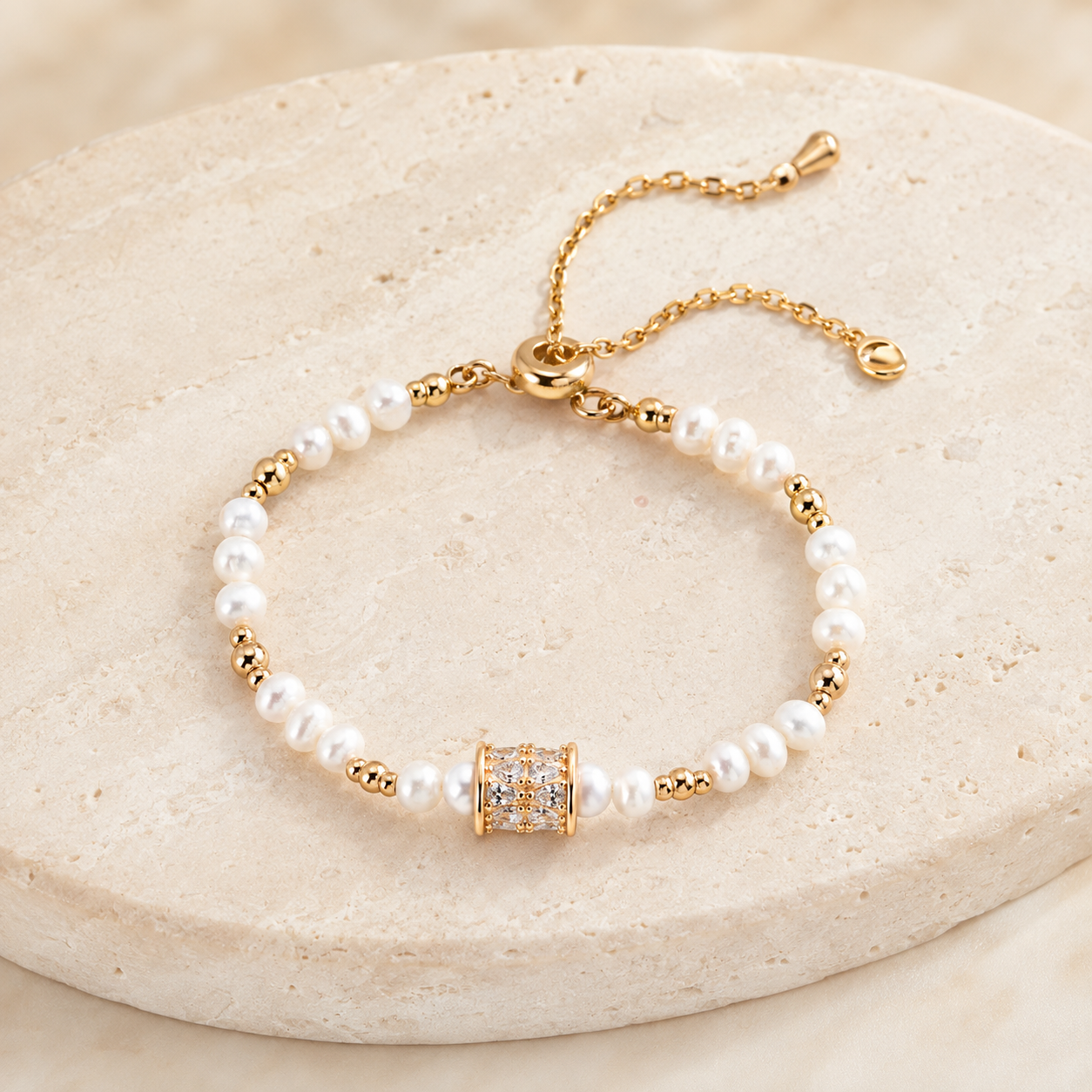 Vintage Gold Fortune Turn Pearl Bracelet on an ivory display