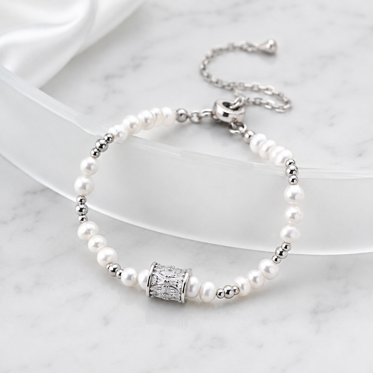Silver Fortune Turn Pearl Bracelet with adjustable extender chain