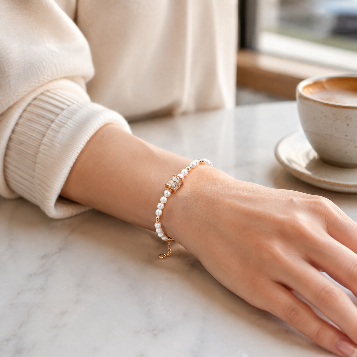 Model wearing the Vintage Gold Fortune Turn Pearl Bracelet at a cafe