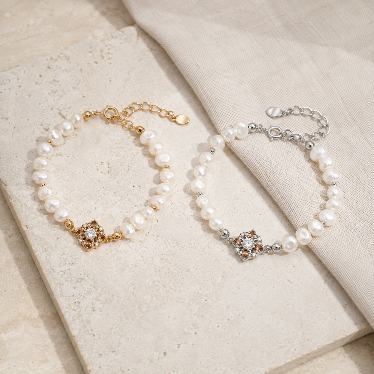 Vintage Gold and Silver floral natural pearl bracelets shown together