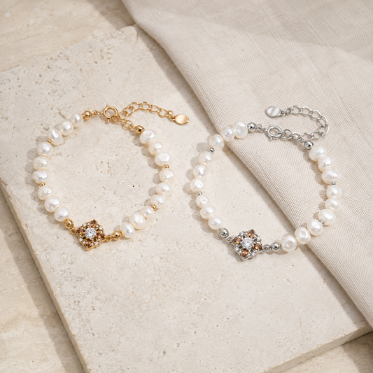 Vintage Gold and Silver floral natural pearl bracelets shown together