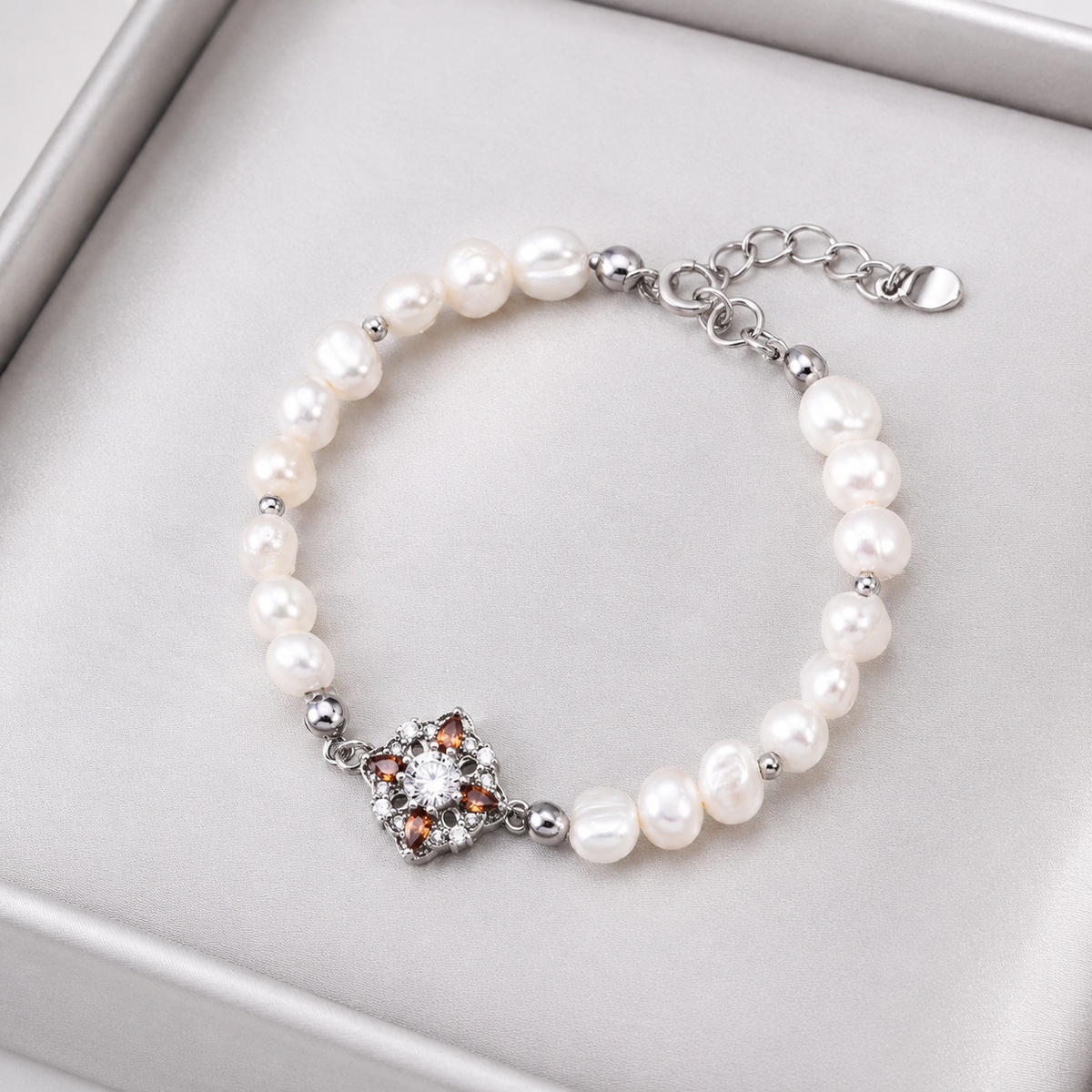 Full Silver floral natural pearl bracelet with adjustable extender