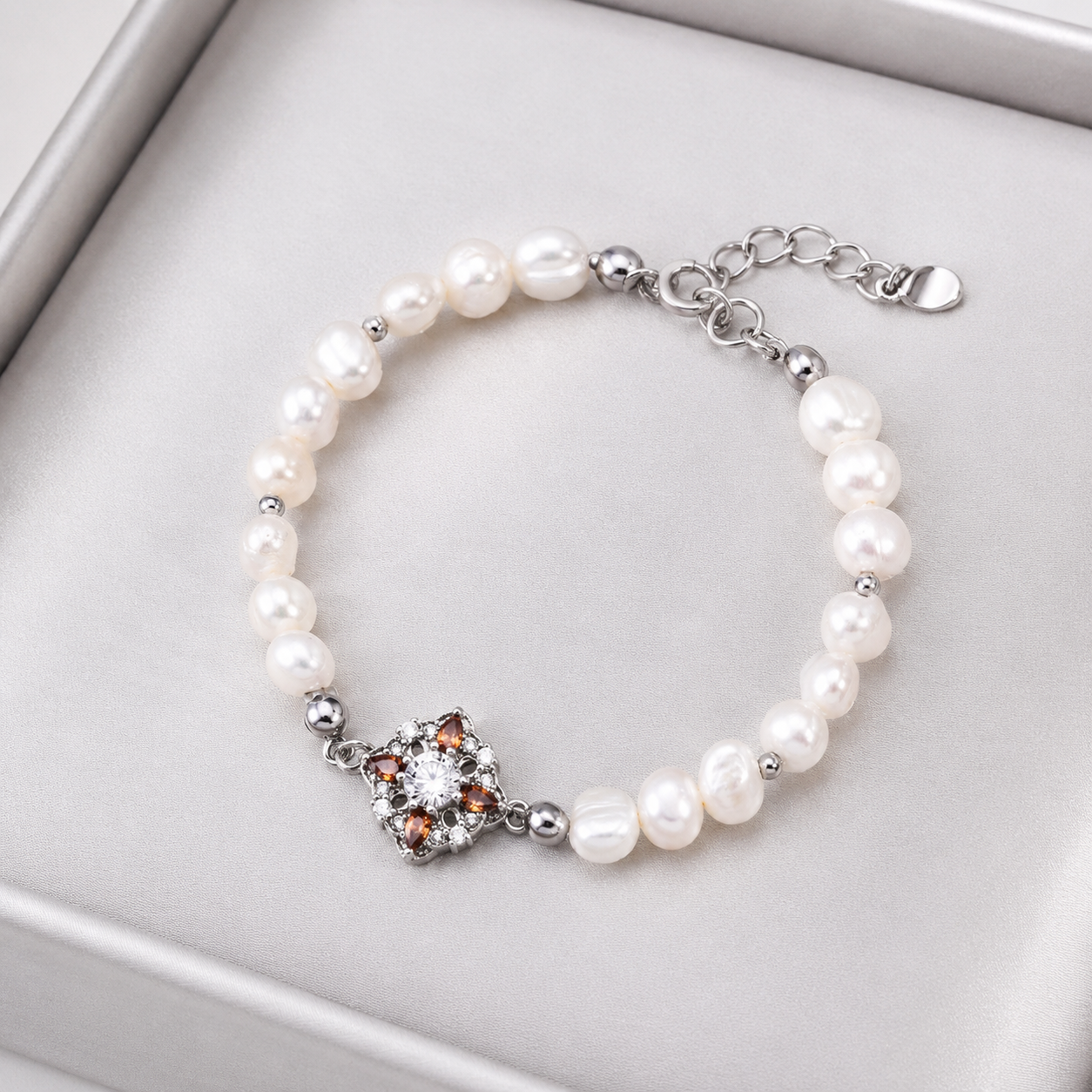 Full Silver floral natural pearl bracelet with adjustable extender