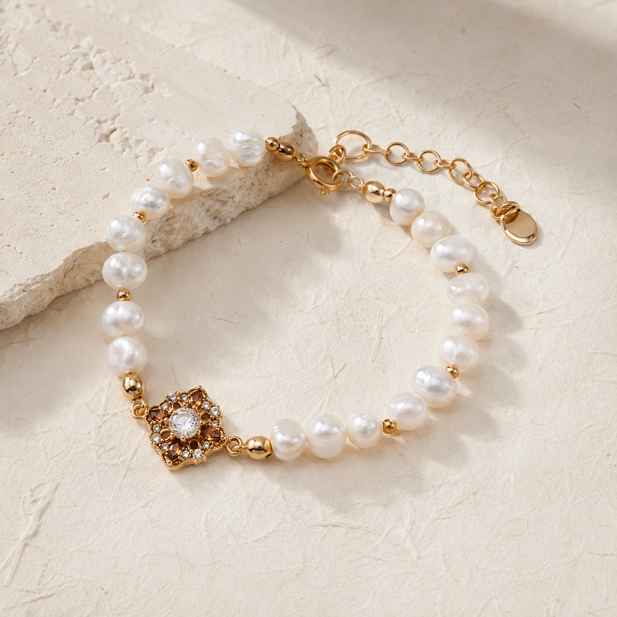 Vintage Gold floral natural pearl bracelet with adjustable extender