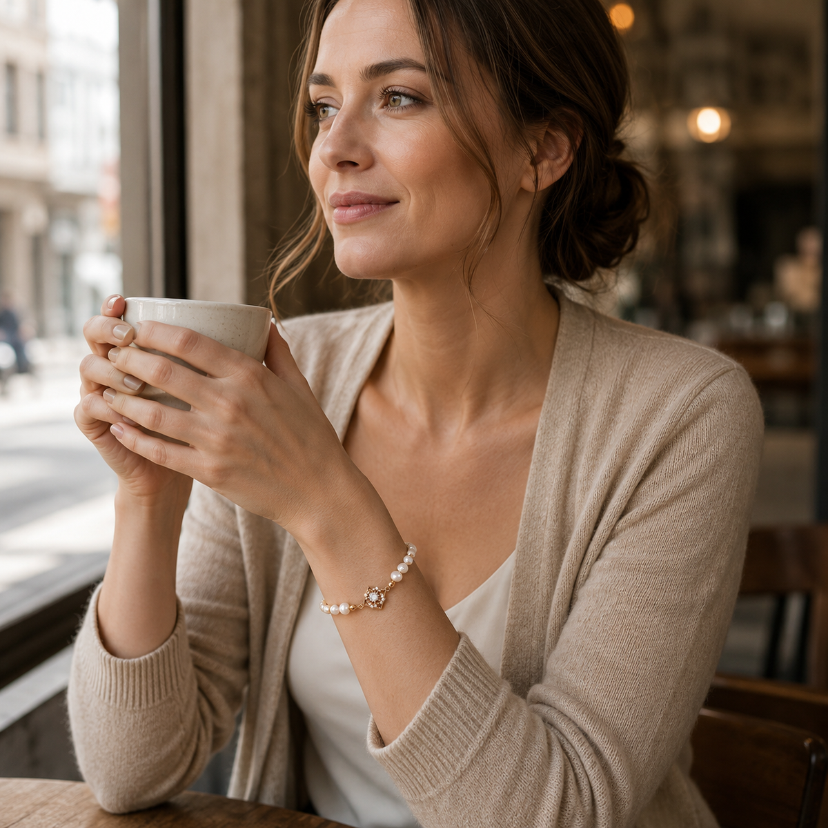 Model wearing the Vintage Gold floral natural pearl bracelet at a cafe