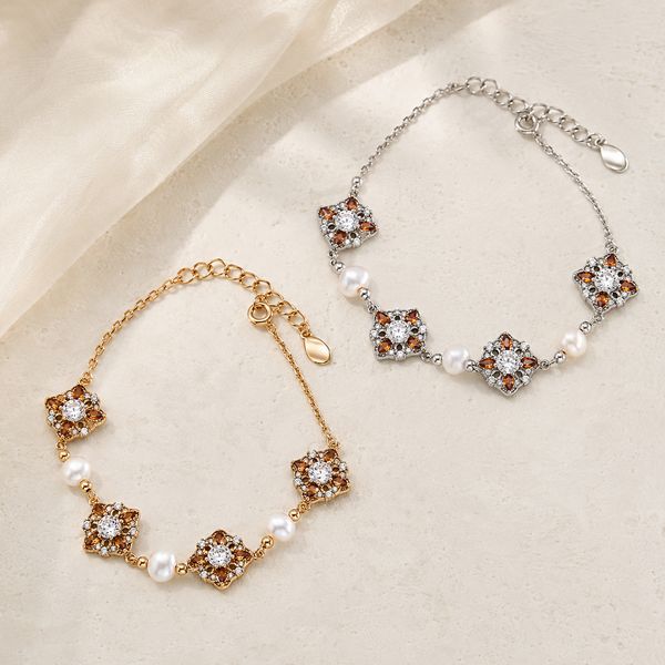 Vintage Gold and Silver auspicious bloom natural pearl bracelets shown together