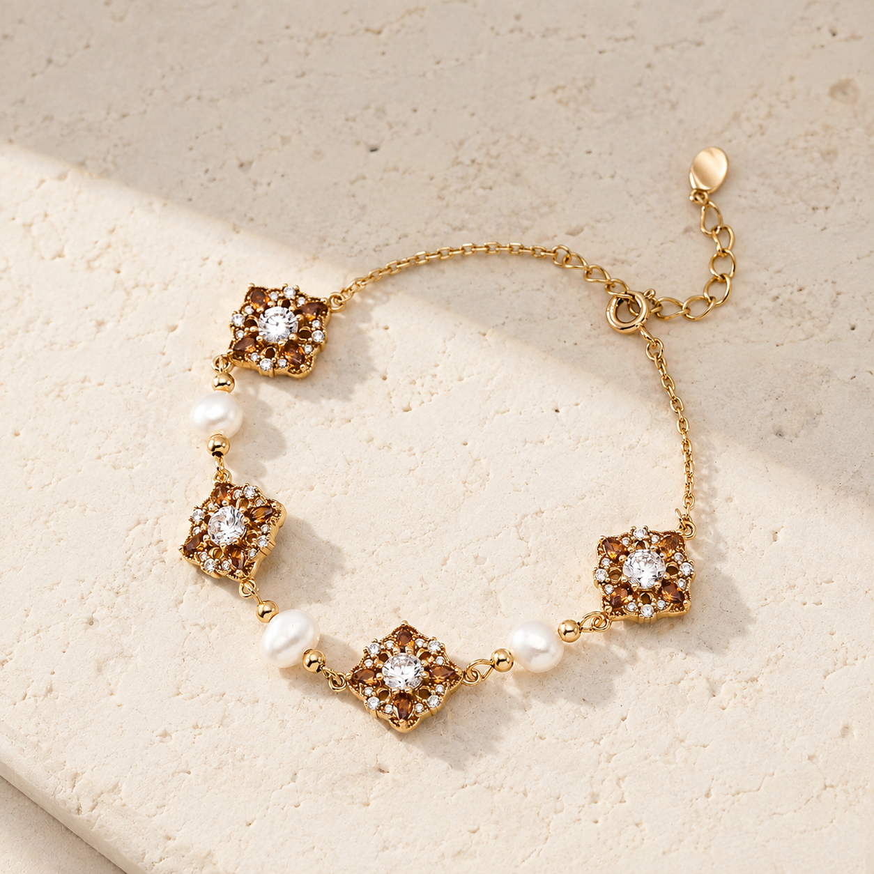Full Vintage Gold auspicious bloom natural pearl bracelet with adjustable extender