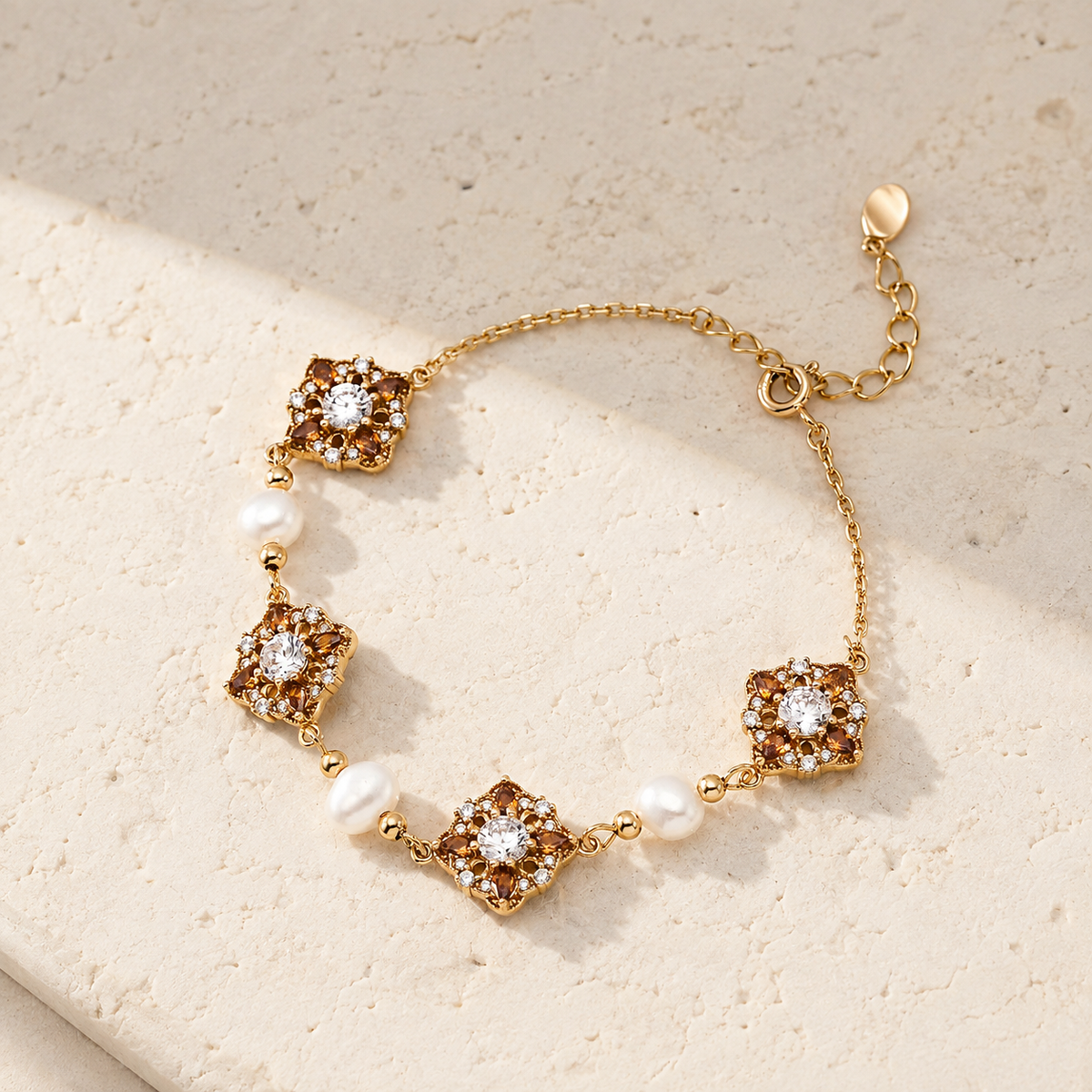 Full Vintage Gold auspicious bloom natural pearl bracelet with adjustable extender