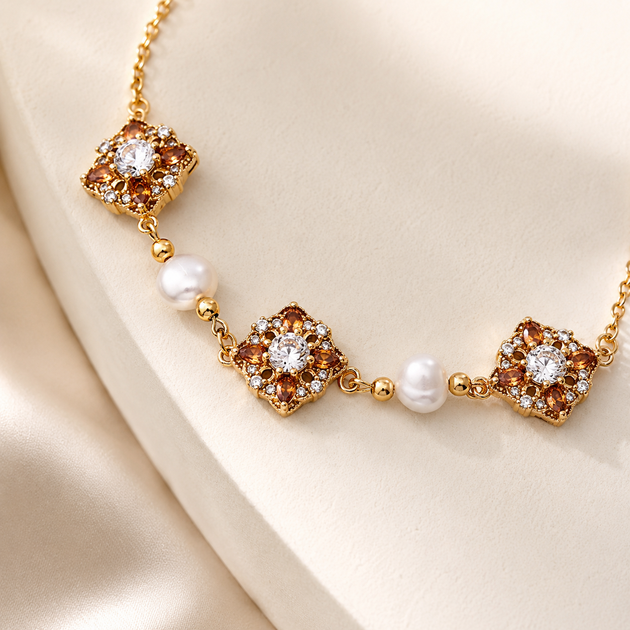 Close view of the Vintage Gold auspicious bloom bracelet with natural pearls
