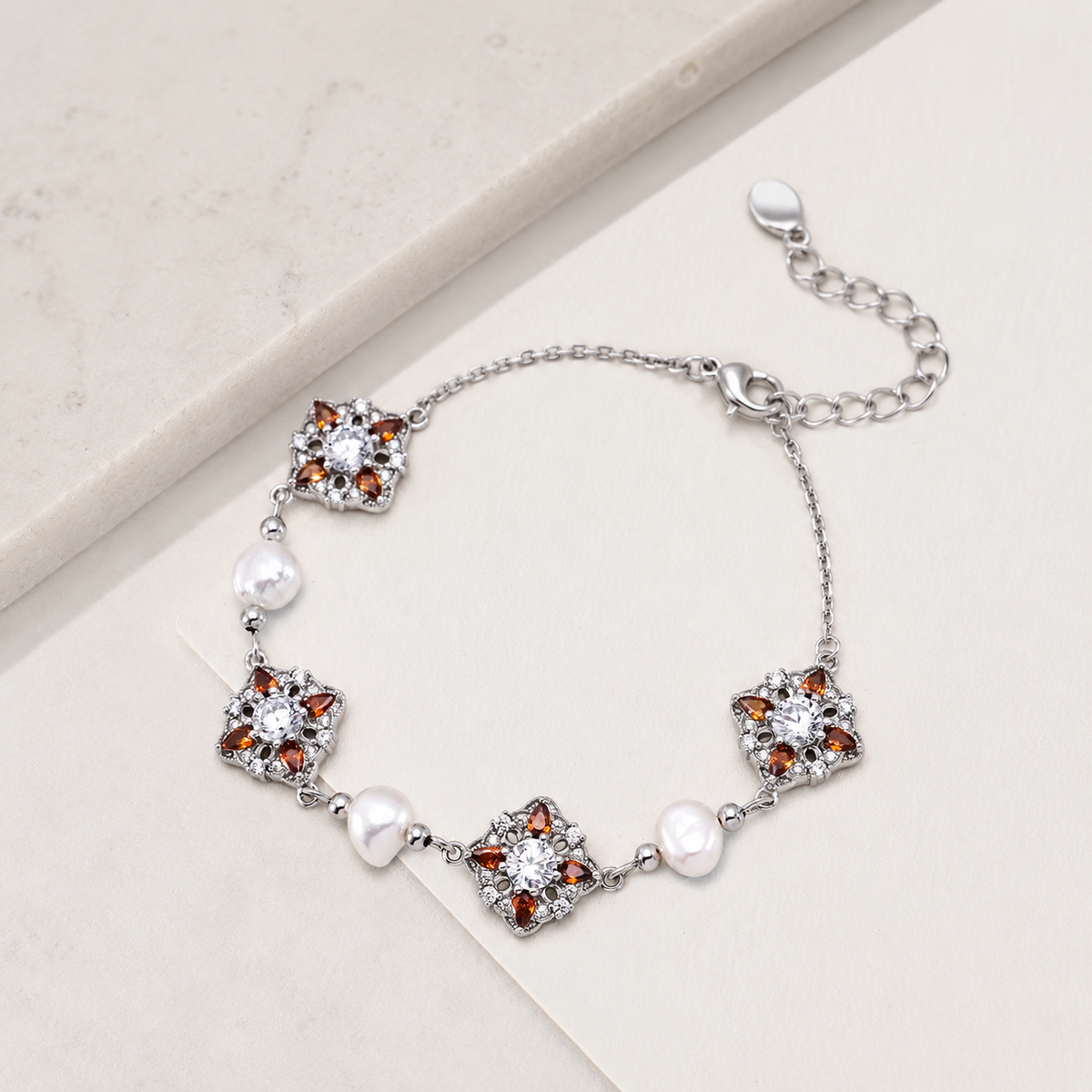 Full Silver auspicious bloom natural pearl bracelet with adjustable extender