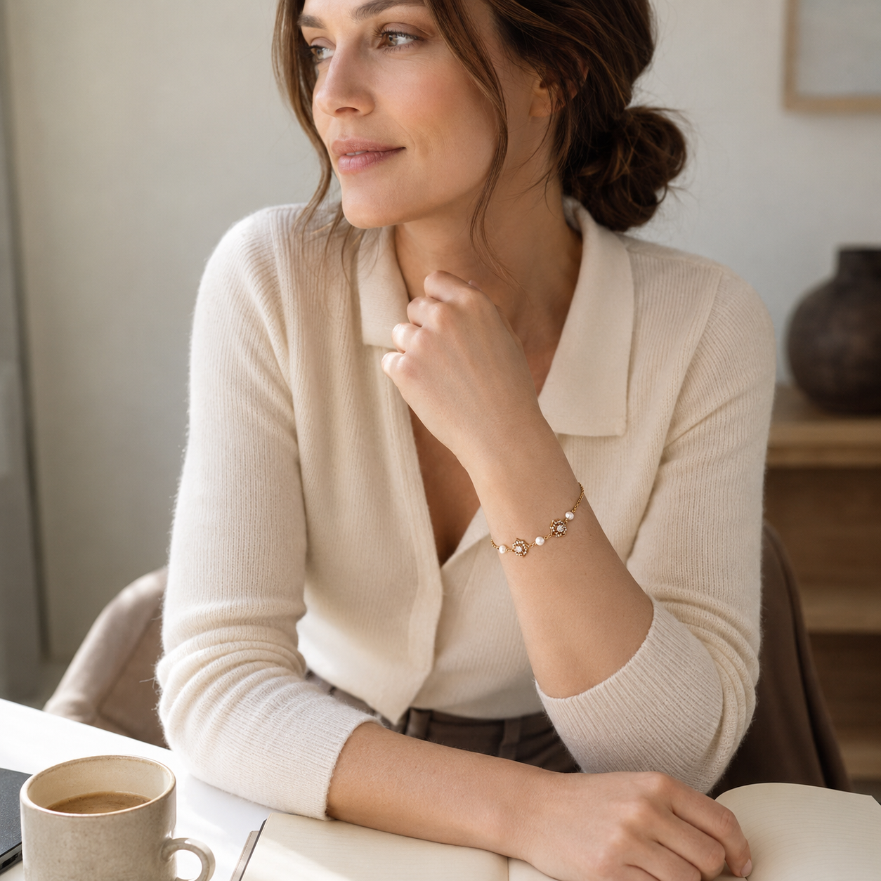 Model wearing the Vintage Gold auspicious bloom natural pearl bracelet with a cream cardigan